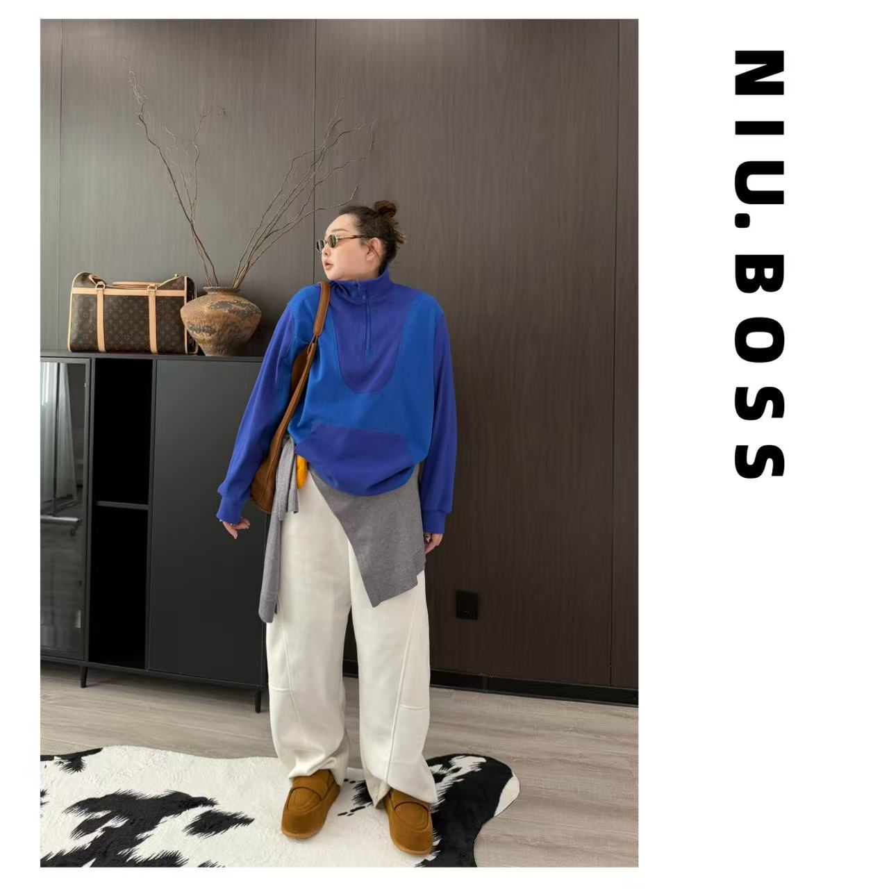 Three Ten. N大码260斤“景泰蓝”设计解构拼接半拉链卫衣