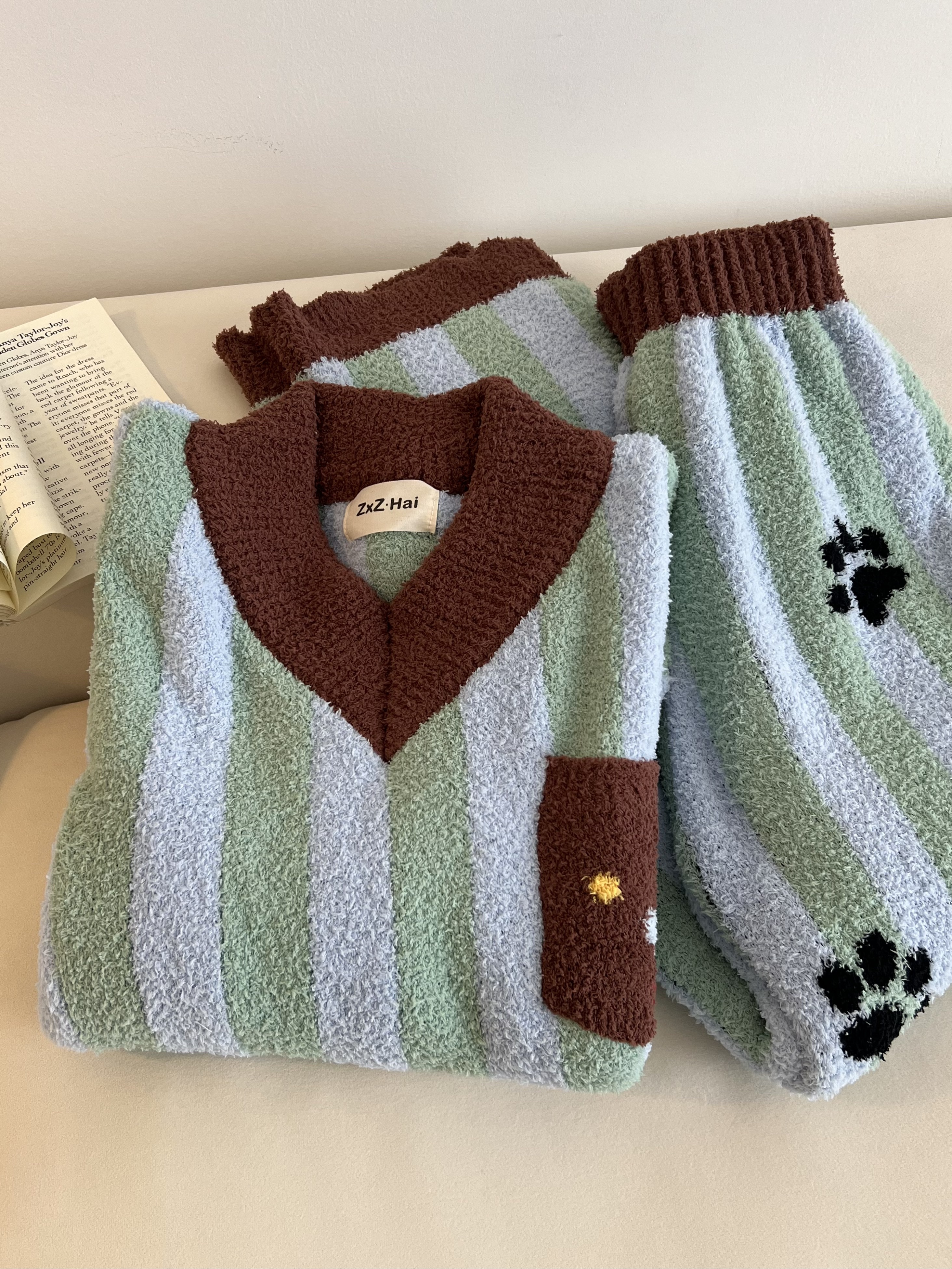 韩版撞色高级时尚卡通针织毛衣半边绒睡衣秋冬新款家居服套装外穿