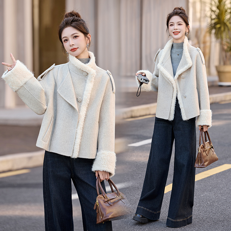 双面羊毛毛绒拼接短款毛呢外套女2025秋冬新款时尚百搭呢子大衣潮