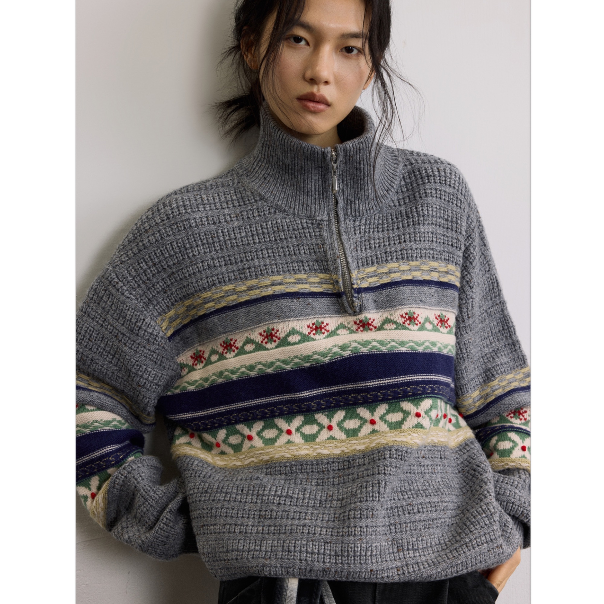 same flow费尔岛提花图案半高拉链套头宽松慵懒小众针织毛衣上衣