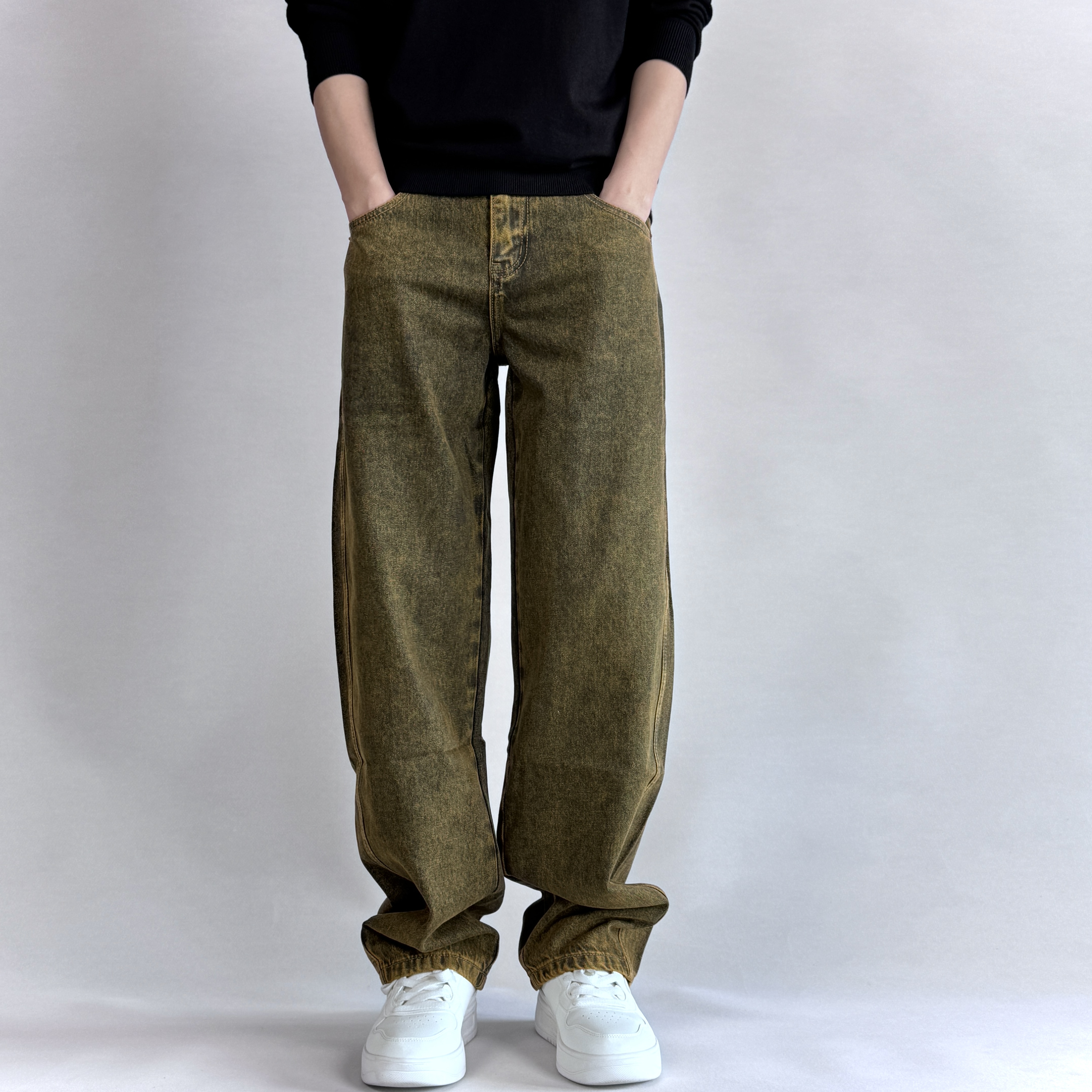 【宽松大直筒】无弹重工黄泥染潮流牛仔裤男款美式复古水洗做旧大码