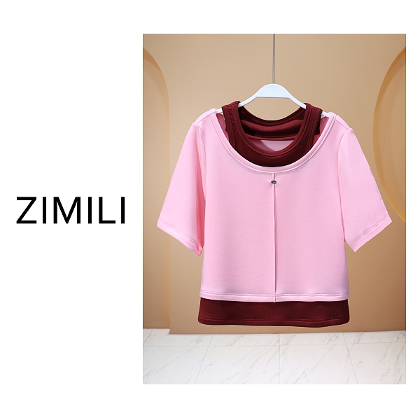 【亮哥女装】2025欧版贵妃粉撞色拼接假两件时尚休闲T恤衫7937-C7
