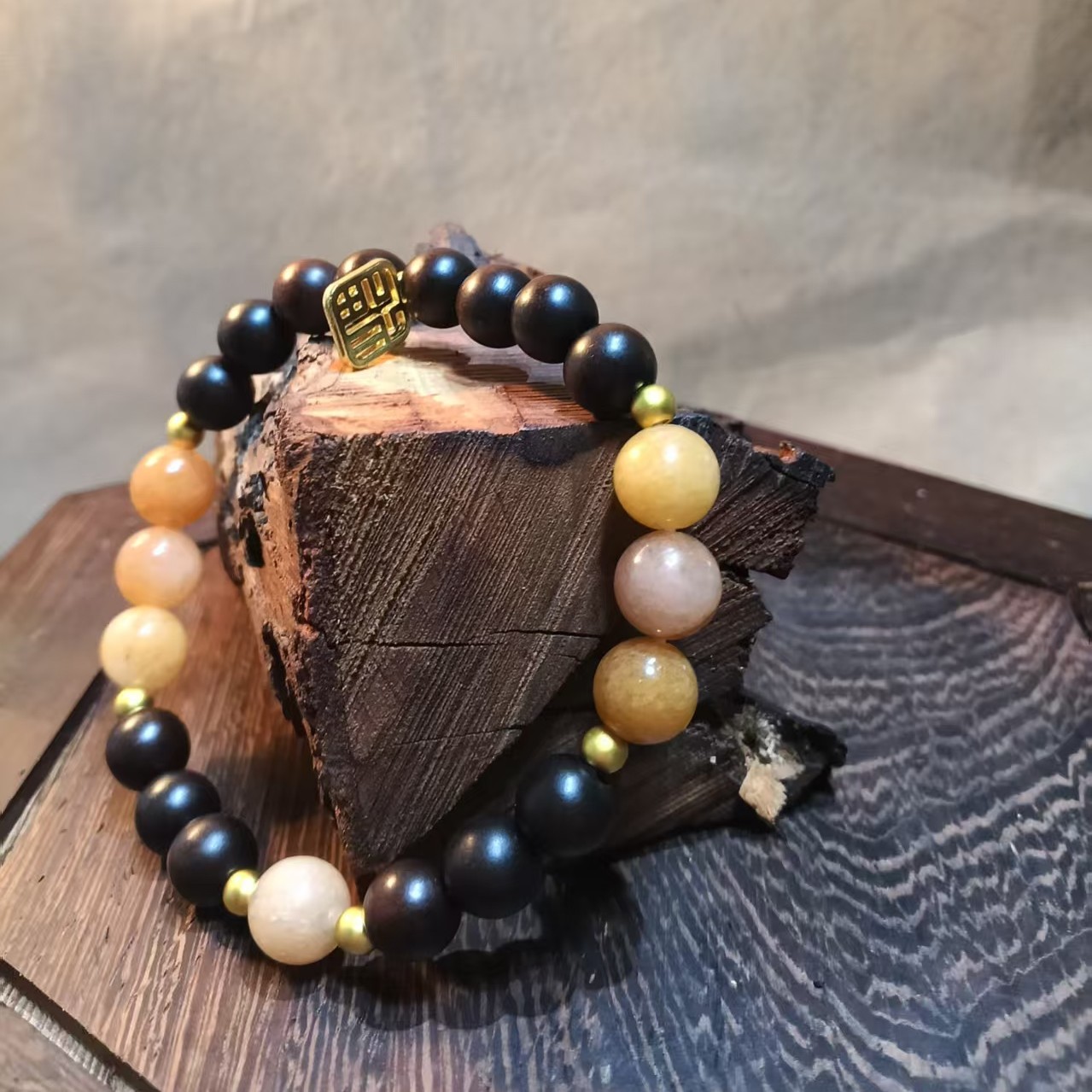 非金属木质手链 天然雷击枣木金丝玉搭配手