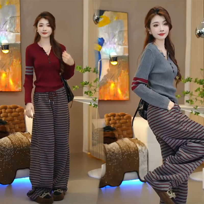 2025春季新款三条杠气质修身复古时尚长袖针织衫休闲直筒裤套装