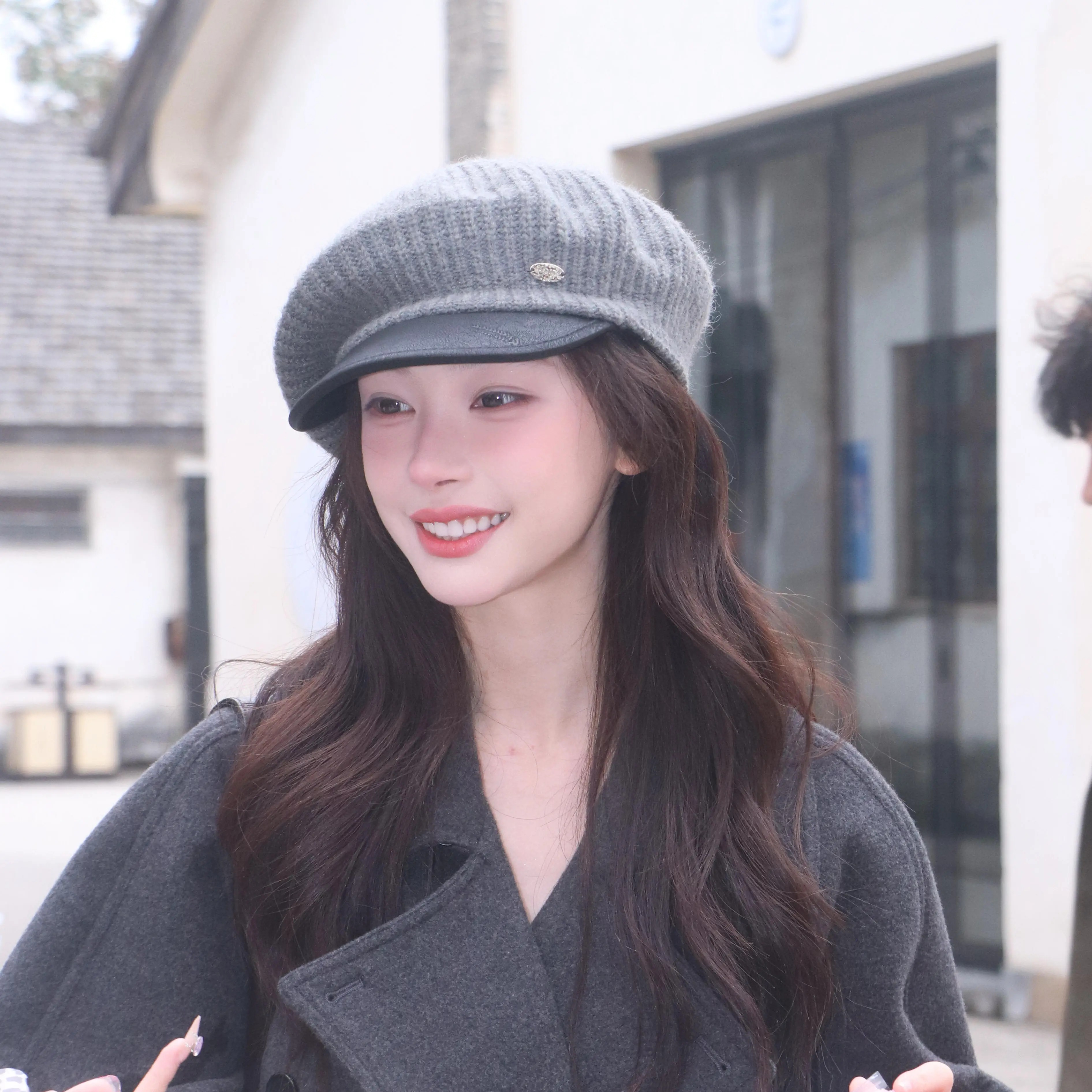 易梦玲同款针织拼接皮质贝雷帽秋冬显脸小画家帽洋气百搭报童帽子