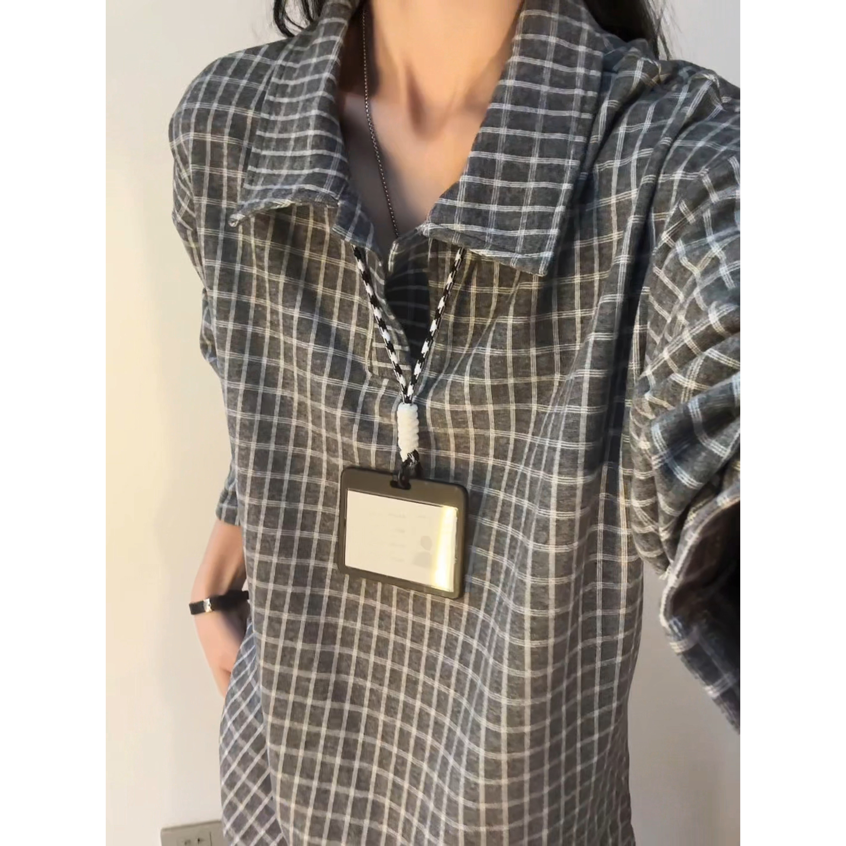 格子polo衫长袖t恤男秋季美式复古德绒打底衫卫衣秋冬学院风上衣