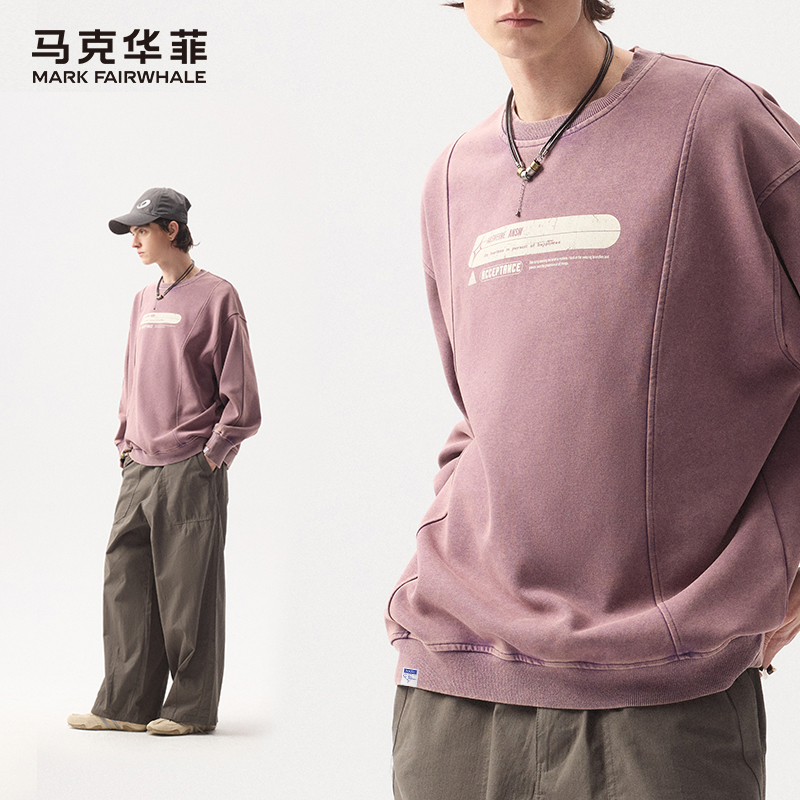 马克华菲美式复古水洗做旧印花圆领卫衣男宽松百搭套头衫休闲长袖