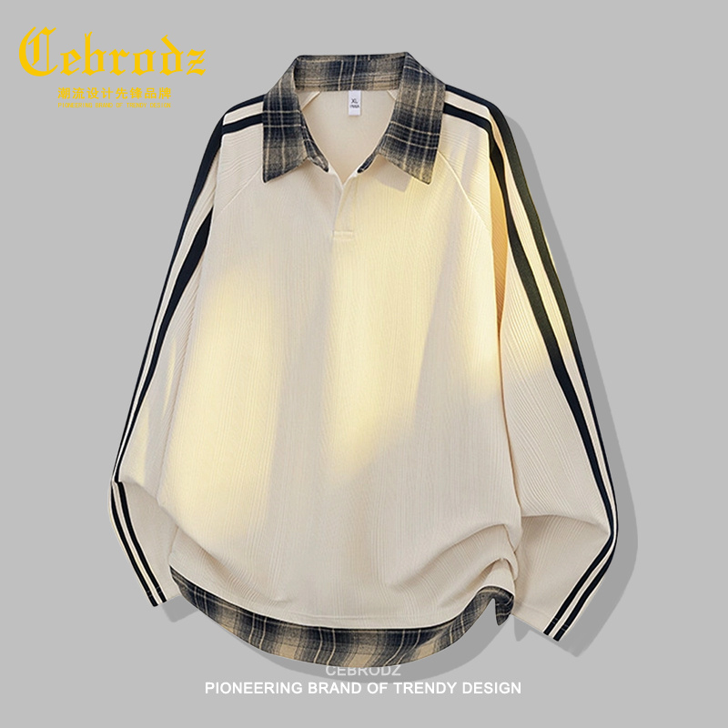 法国Cebrodz拼接条纹卫衣男秋季美式宽松polo衫翻领潮牌长袖t恤男