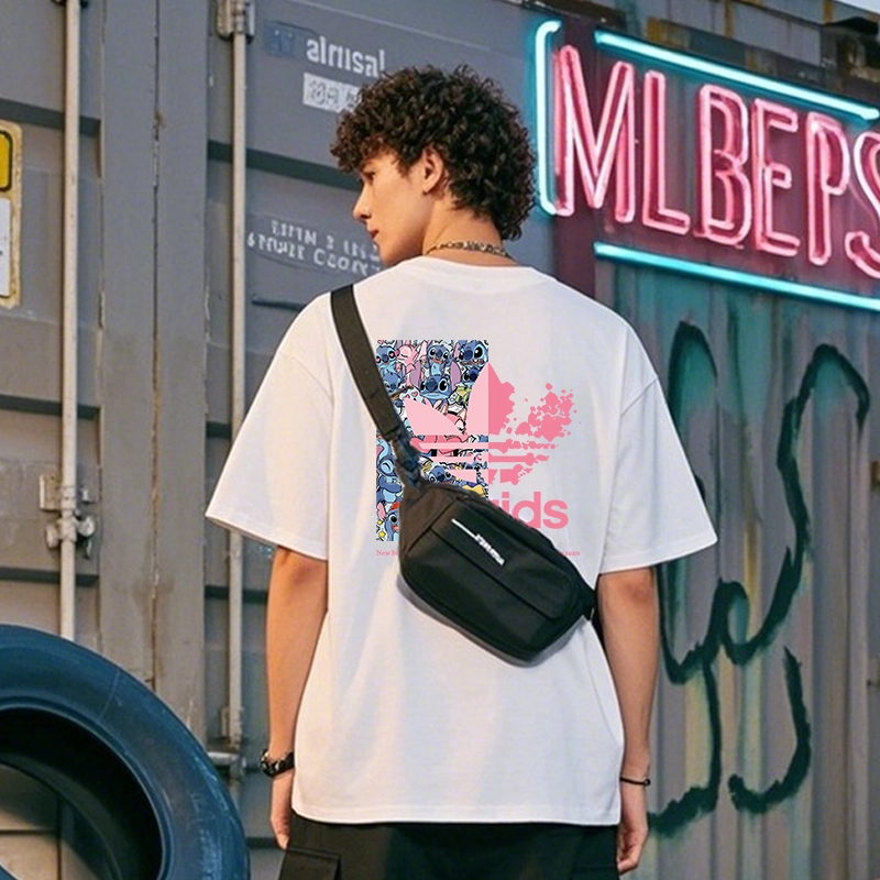 夏季常规印花圆领T恤三条杠短袖休闲宽松男士纯棉百搭情侣装半袖