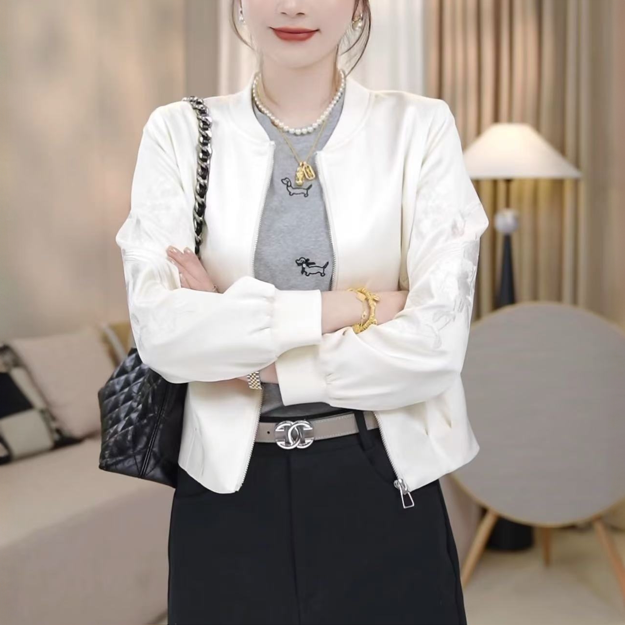 鸟语花香～2025秋季新款刺绣微光缎棒球服外套女气质小个子夹克