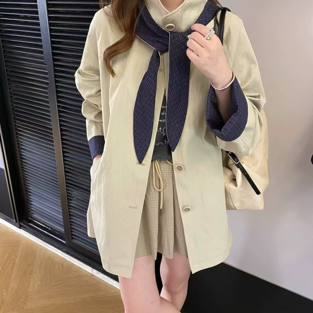 2025秋季新款韩系格子翻边立领连帽风衣外套女中款可拆卸帽子8508