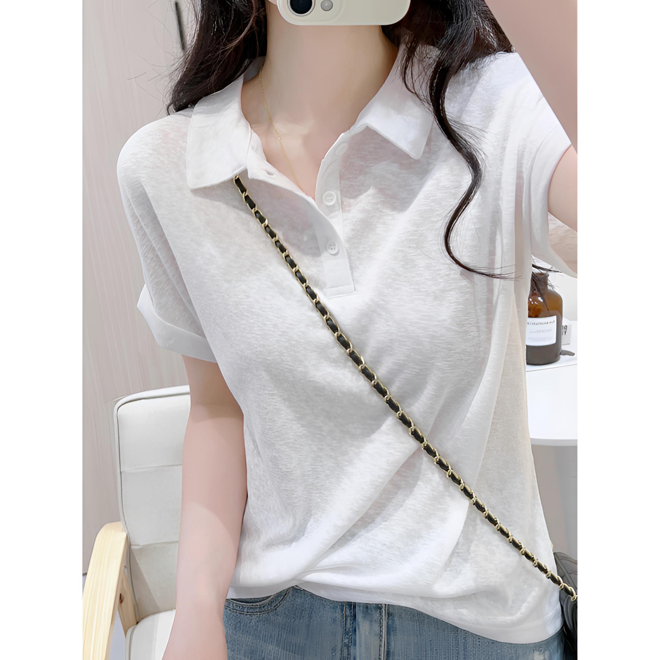 穿出女神范~白色卷边polo领短袖T恤女夏季显瘦薄款雪花棉简约上衣