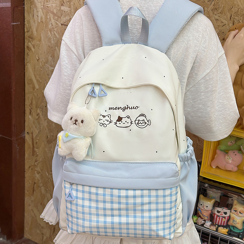 可爱卡通小猫小清新书包高中学生大容量双肩包波点撞色初中生背包