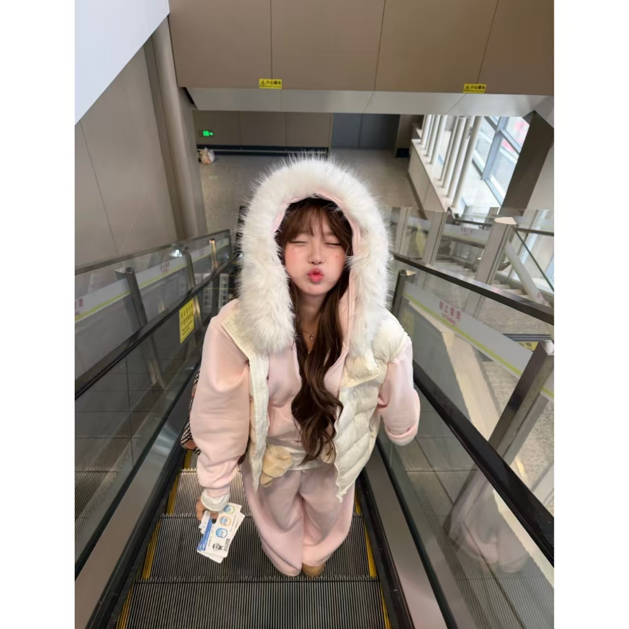 美式慵懒风可拆卸毛领秋冬季加绒连帽卫衣外套宽松阔腿裤两件套