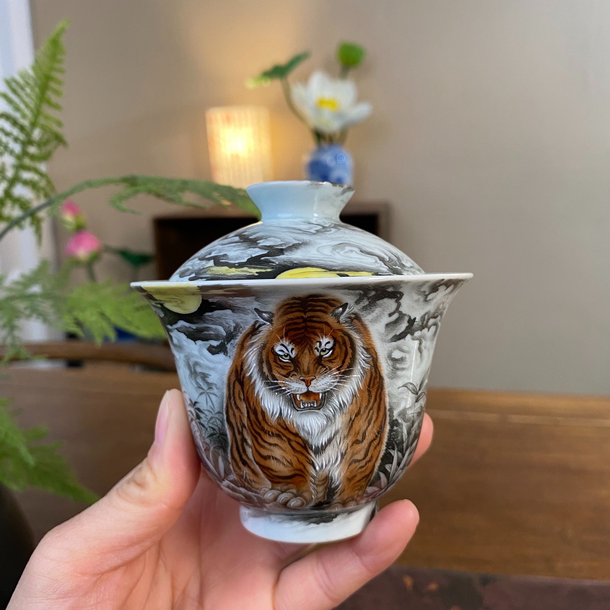 【鸿均堂】墨彩老虎盖碗 景德镇纯手工手绘茶器茶具