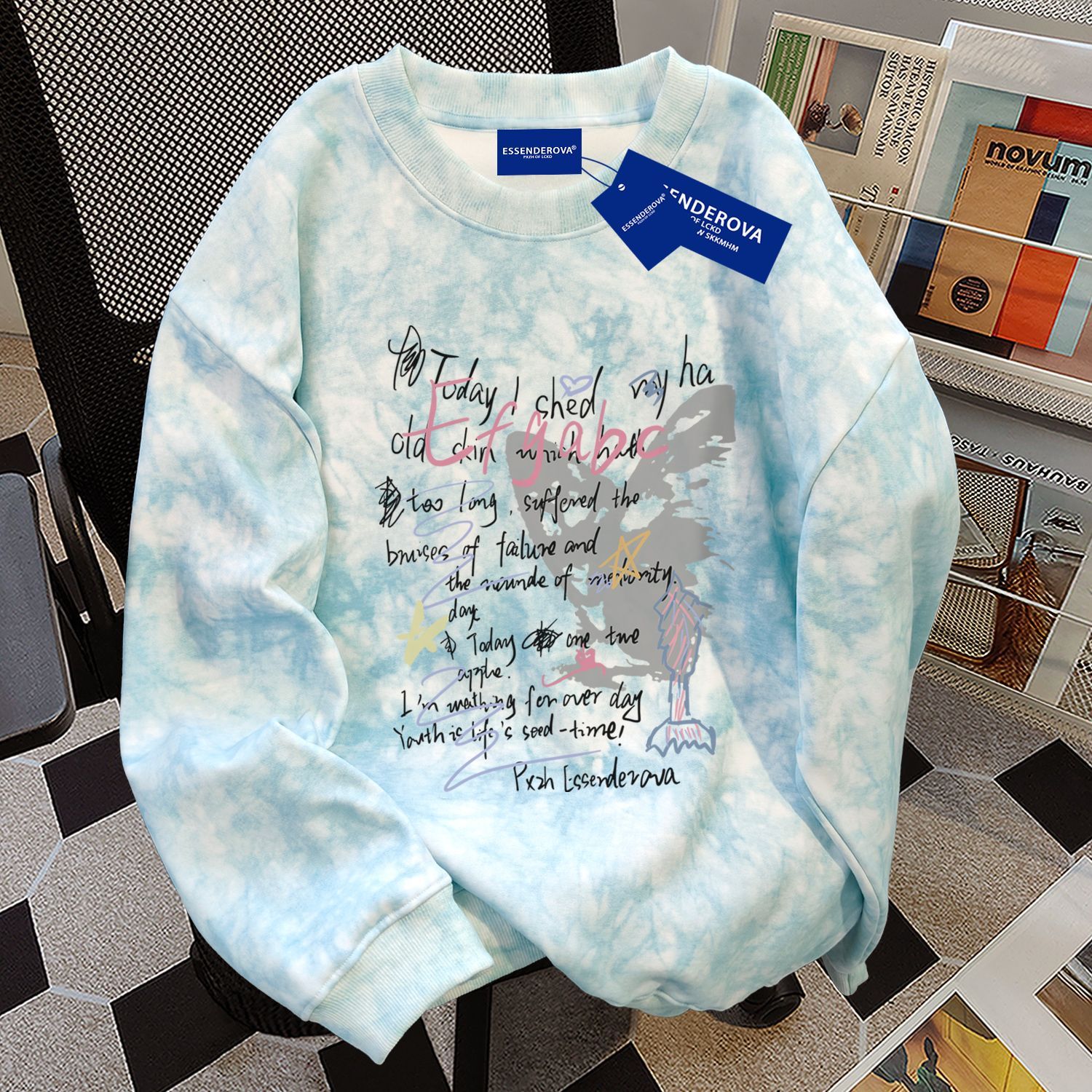 宽松显瘦美式简约扎染圆领卫衣女秋冬季加绒加厚原宿慵懒风上衣服