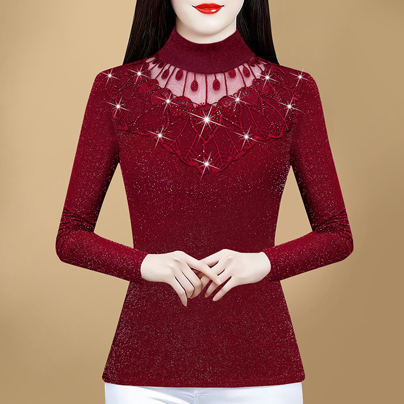 打底衫女士春秋冬装新款洋气内搭半高领蕾丝小衫妈妈加绒保暖上衣