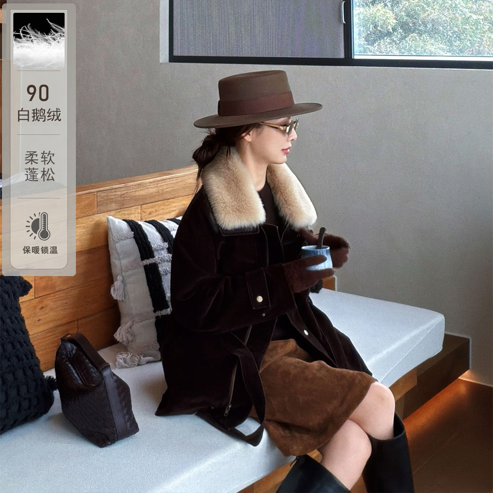 MILDOATH【曼德林街】90白鹅绒羊毛毛领复古巴恩风短款派克外套冬季