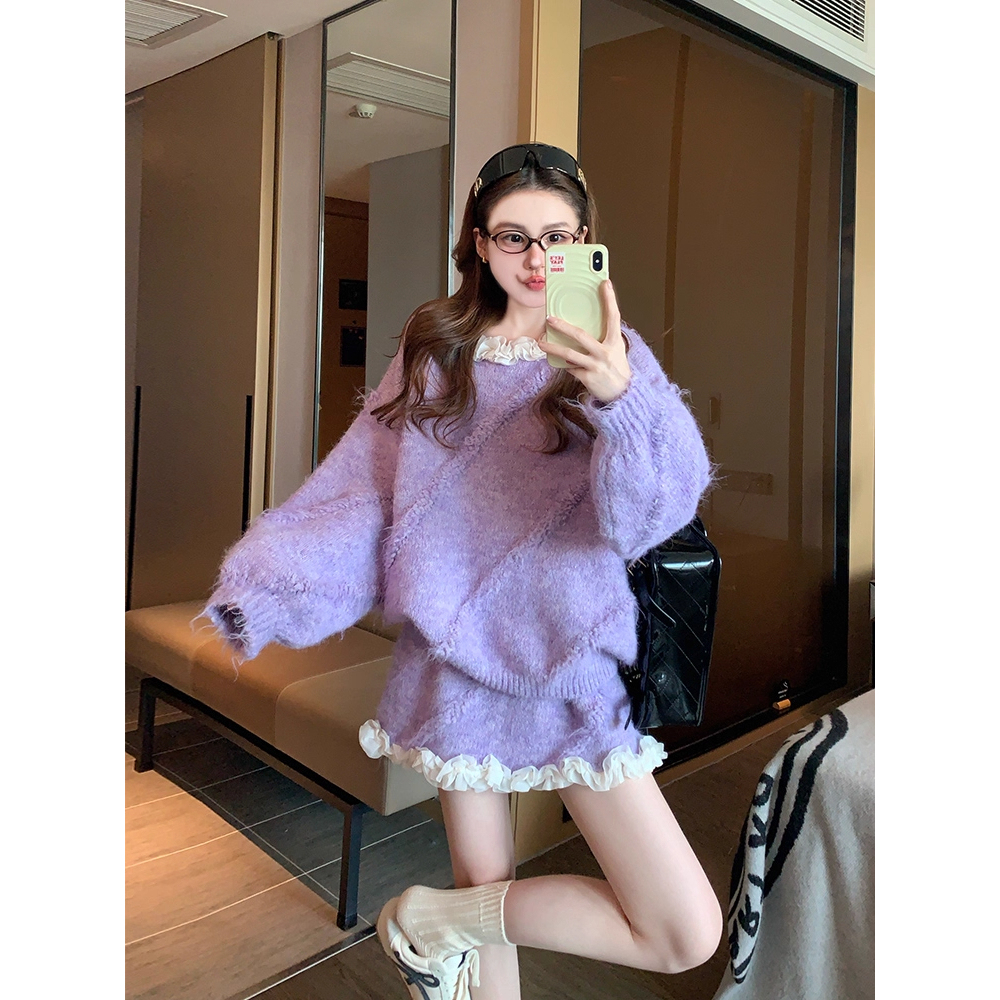 紫色花边毛衣套装女2025新款秋冬高级感韩系慵懒针织半身裙两件套