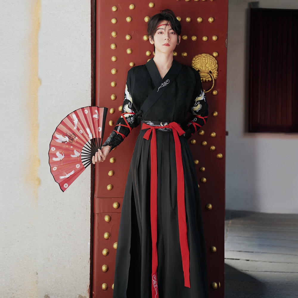 原创侠客汉服男女侠客中国风黑色舞蹈演出服武侠古装帅气剑客班服