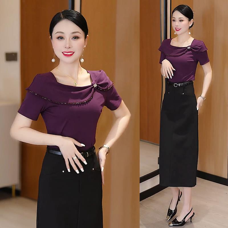 夏天短袖T恤女2025夏季新款时尚洋气蝴蝶结钉珠上衣百搭显瘦小衫