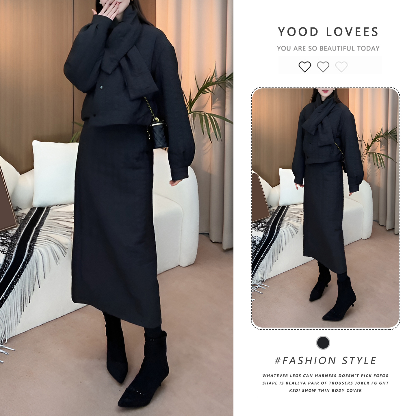 时尚设计宽松显瘦三件套装女秋冬季新款肌理感围巾棉服外套半身裙