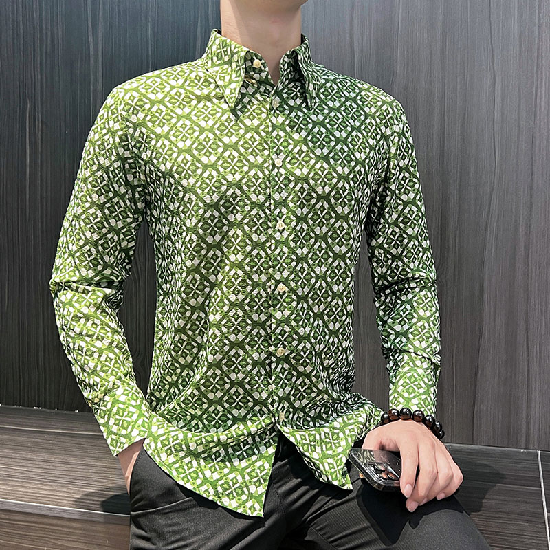 大尖领衬衫男长袖2025新款爆款春秋商务时尚痞帅高级感印花衬衣