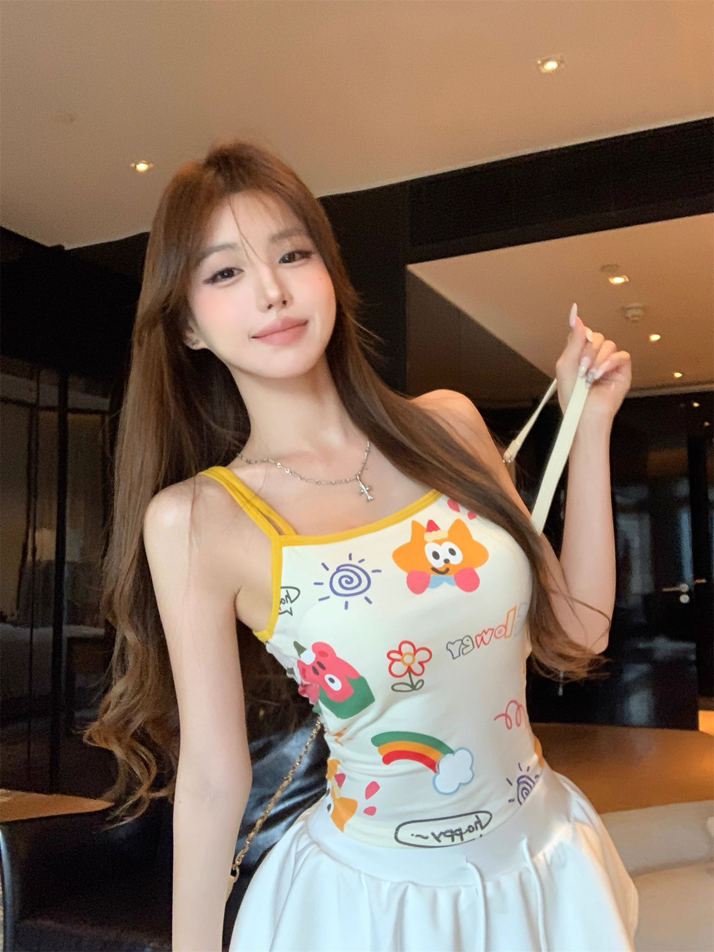 甜美纯欲辣妹卡通印花带胸垫修身显瘦夏季外穿吊带背心女装