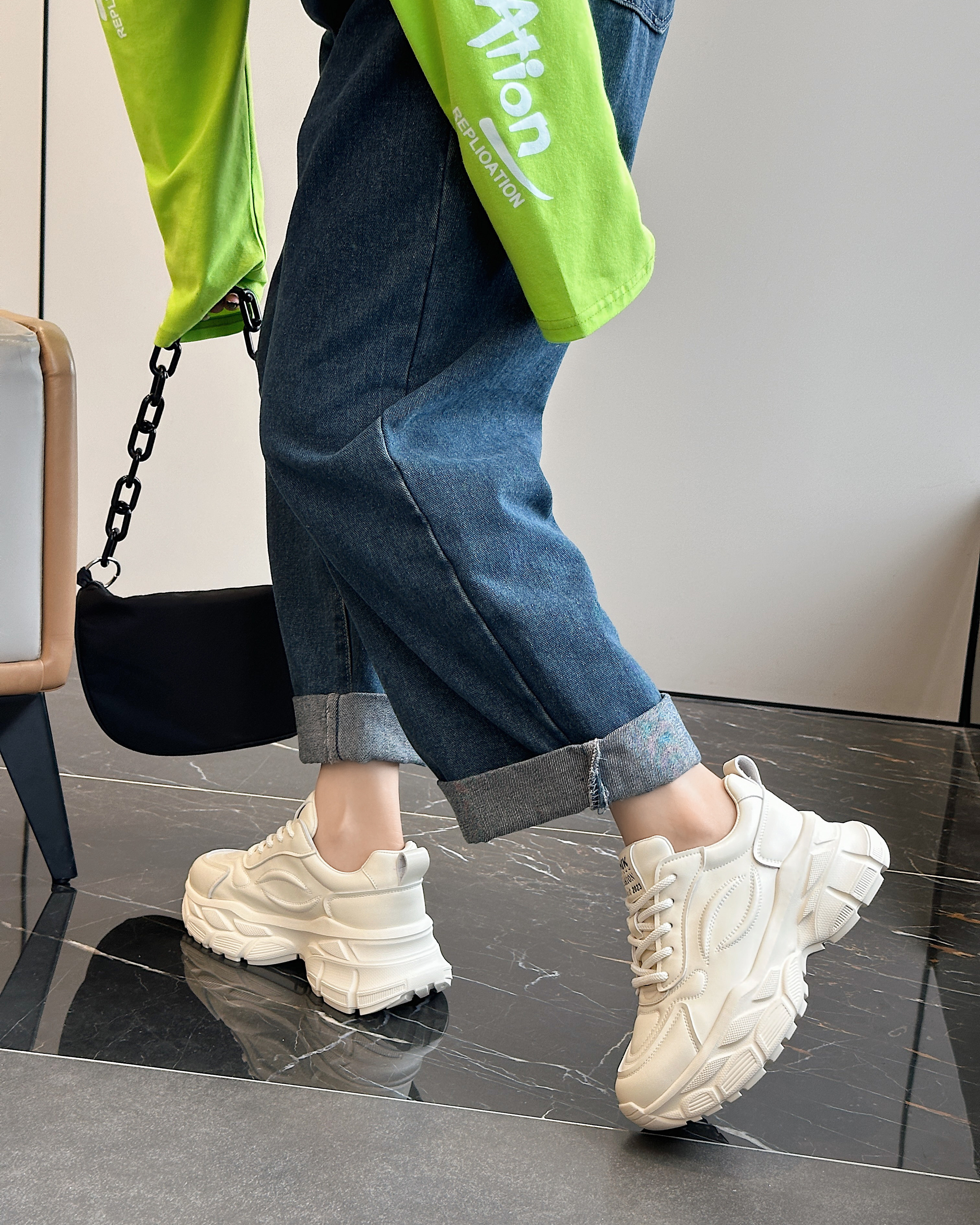 5.5cm真皮加绒时尚老爹鞋小个子厚底鞋轻便增高运动鞋ins秋季韩版