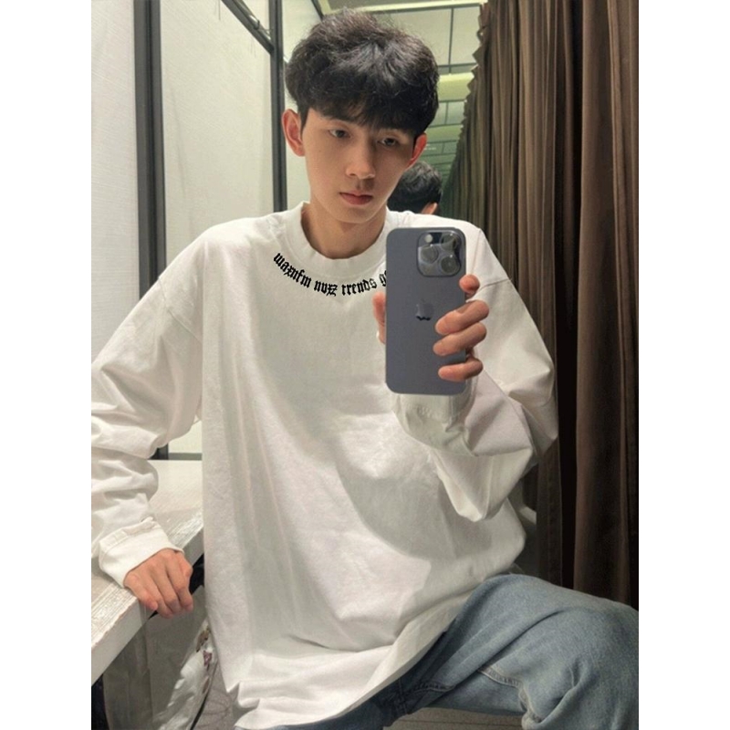 280g重磅纯棉长袖T恤男国潮秋季新款oversize情侣潮牌小领口字母
