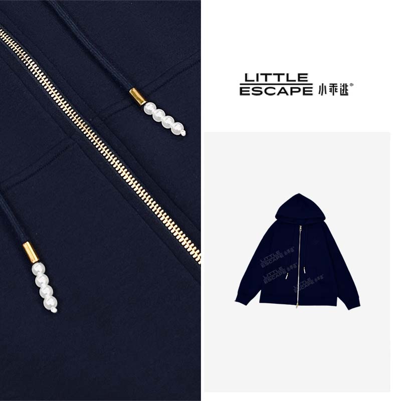 小乖逃X时尚藏蓝卫衣外套带帽抽绳MA刺绣藏蓝外套珍珠珠S25529
