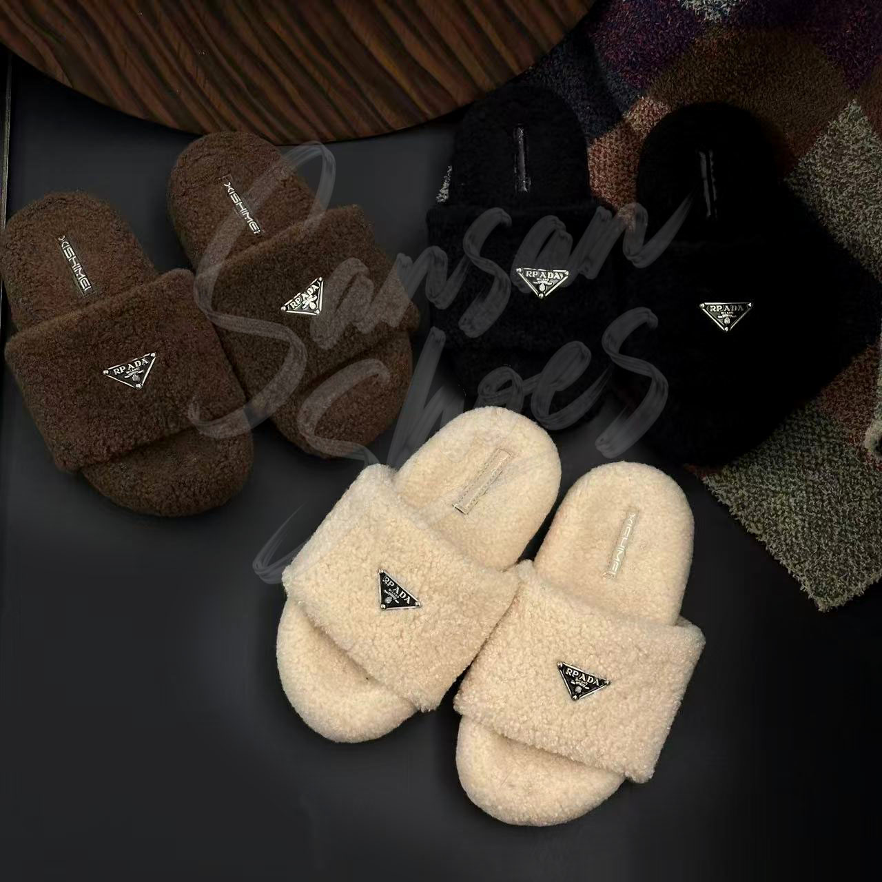 ins毛拖秋季松糕底反绒一字拖秋冬一字带金属扣百搭毛毛拖鞋