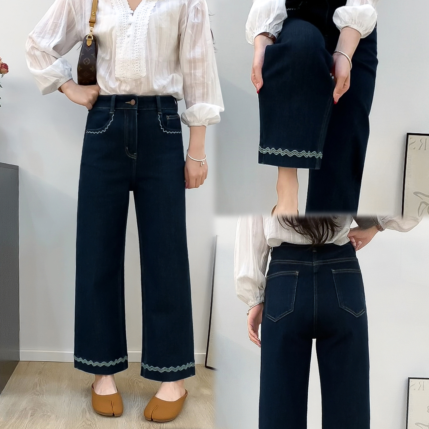 秋季新款高腰刺绣花边九分直筒阔腿裤梨型大码弹力宽松显瘦牛仔裤