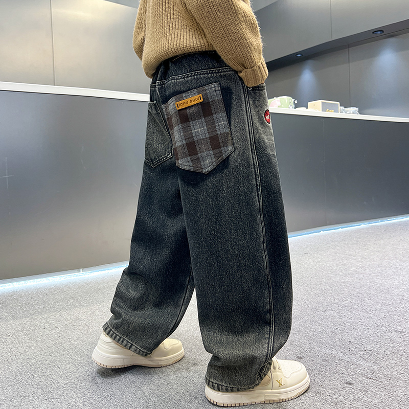 儿童装男童加绒裤子冬装2025新款男孩牛仔秋冬款加厚中大童冬季潮