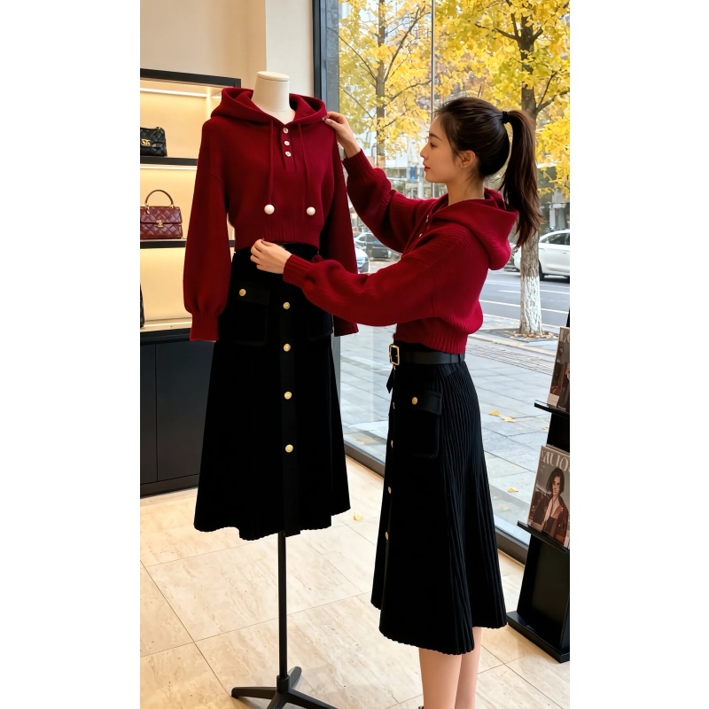 小众别致红色连帽抽绳纯色卫衣女款秋季黑色休闲百搭半身裙两件套