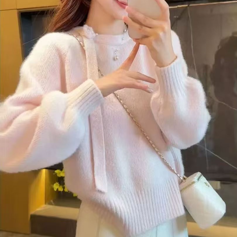 上衣圆领秋冬超美花朵飘带泡泡袖毛衣女加厚软糯设计感针织衫打底