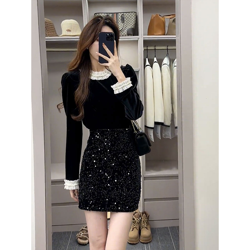 法式显瘦气质时尚小众洋气黑色拼接长袖上衣+百搭显瘦亮片半身裙