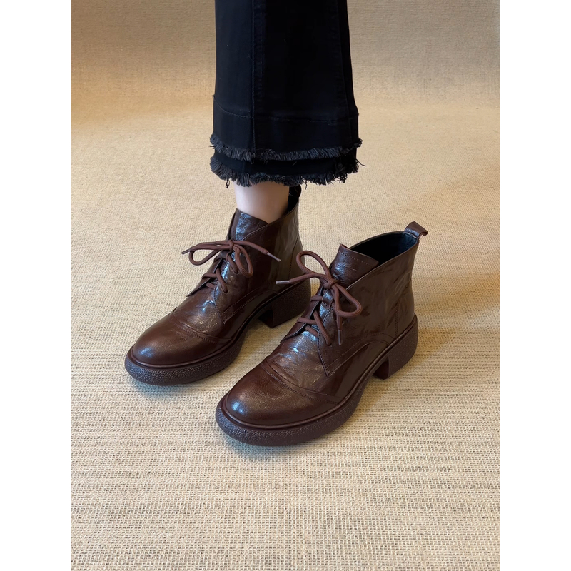 nnmiss·34-40/5cm简约复古圆头系带马丁靴百搭粗跟通勤静音底短靴