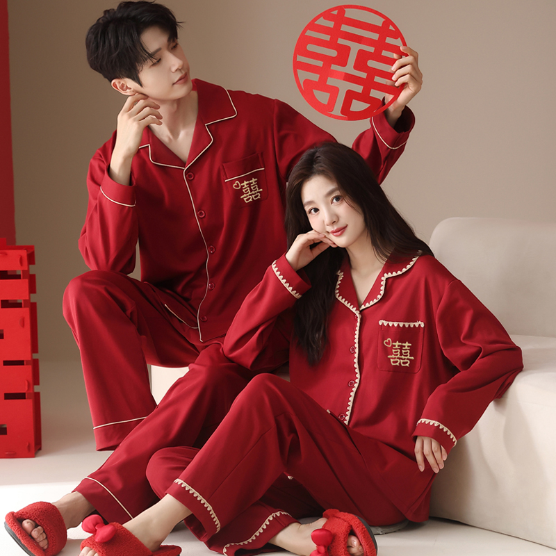 红色纯棉睡衣结婚新婚情侣套装一男一女长袖喜庆陪嫁家居服本命年