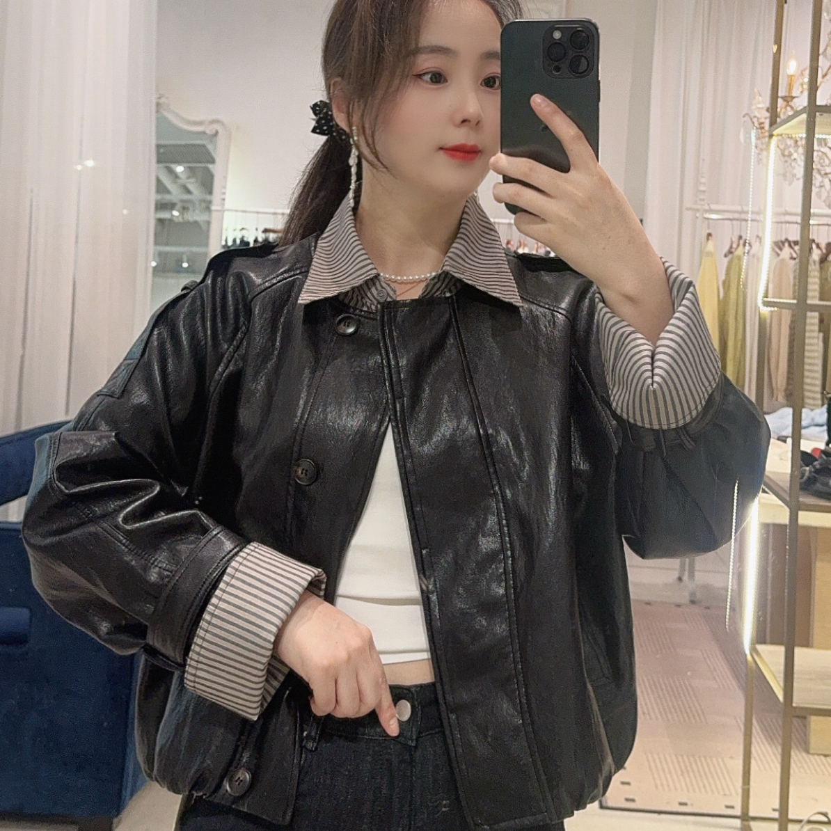 【门店同款】秋季“浮光织影”拼接条纹衬衫皮衣166549941