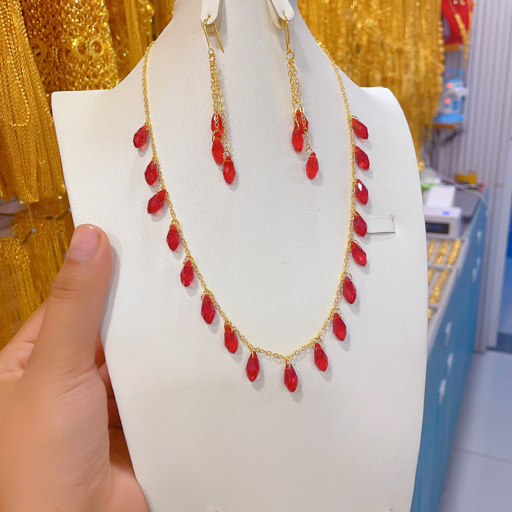 铜合金项链 349时尚新款百搭气质精美民族风红色项链耳环