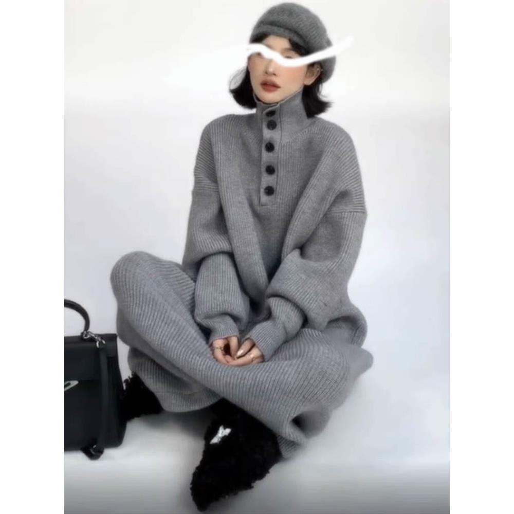 潮走秋冬长版毛衣洋装韩版宽松慵懒风针织长裙子过膝加厚高领打底