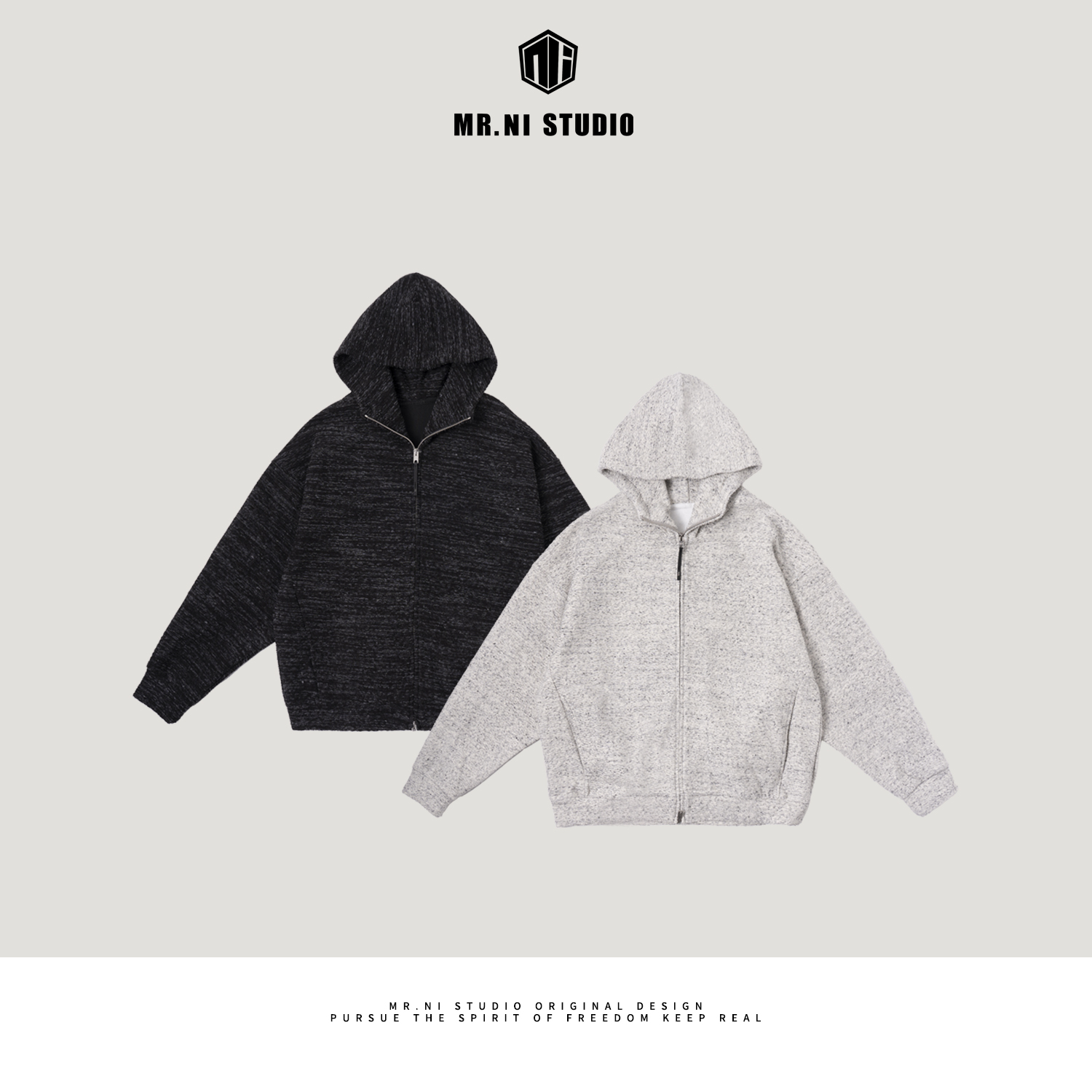 MR.NI/倪先生「绽放」高织花纱慵懒毛须颗粒感廓形连帽拉链卫衣