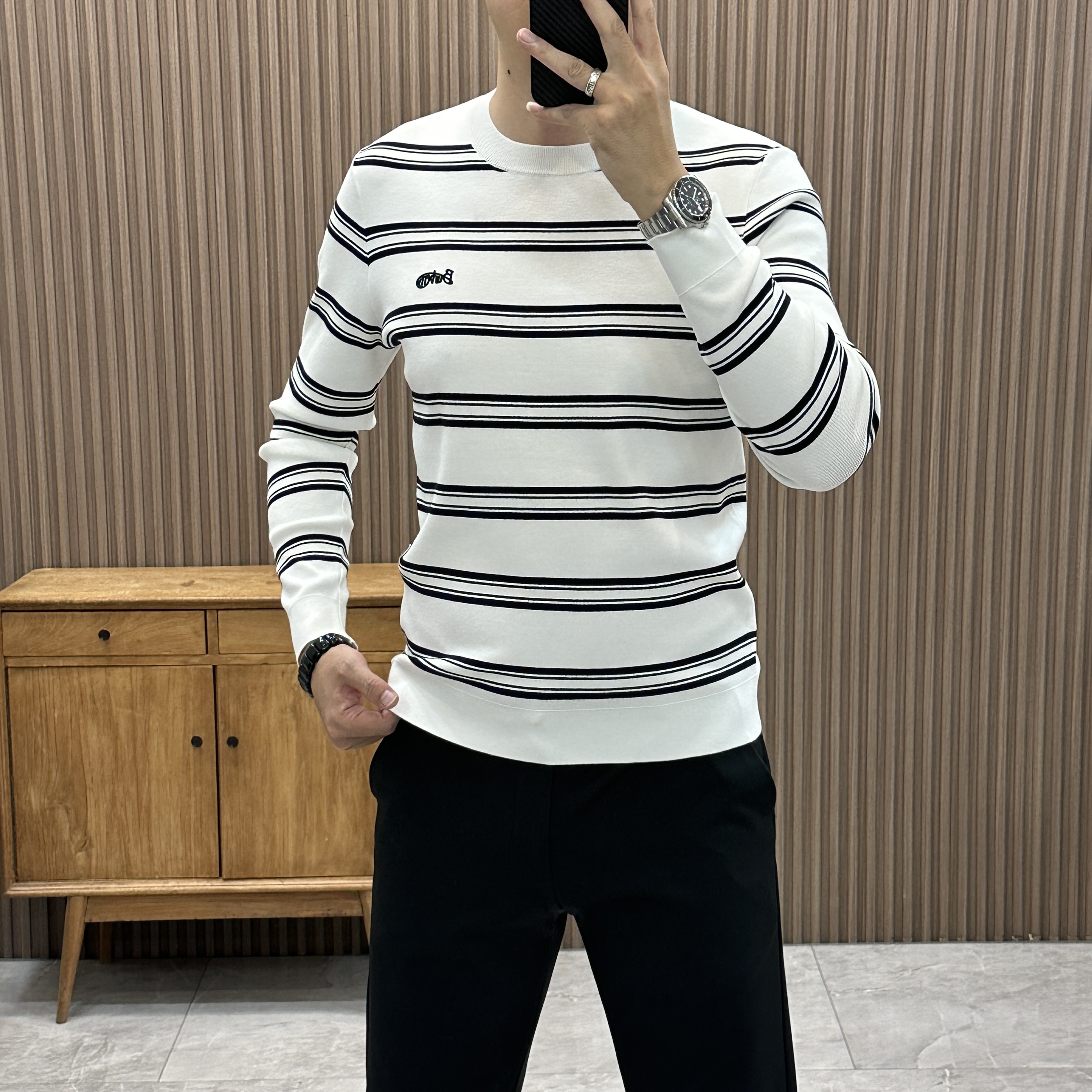 休闲修身型条纹针织衫圆领韩版衫男士毛衣针织7557