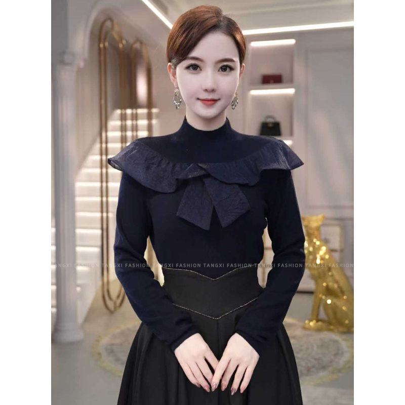 2026秋冬新款【JR-08】含绵羊毛老钱风可外穿蓝色打底针织衫上衣女