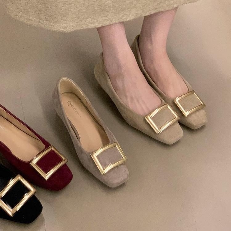 法式方扣小香绒面粗跟单鞋2025秋季新款一脚蹬通勤气质玛丽珍女鞋