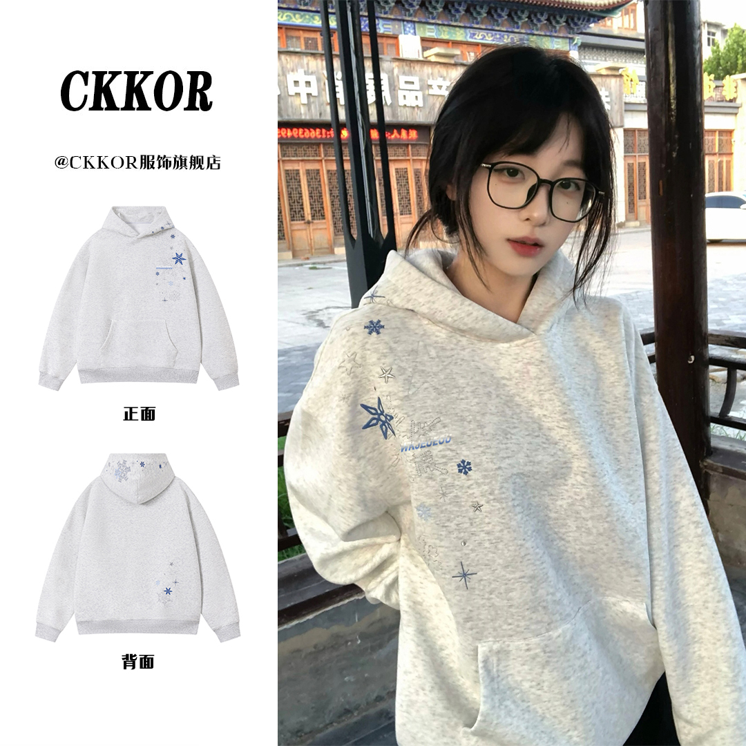 CKKOR刺绣国潮学院风连帽衫卫衣女秋冬新款潮流百搭保暖套头上衣