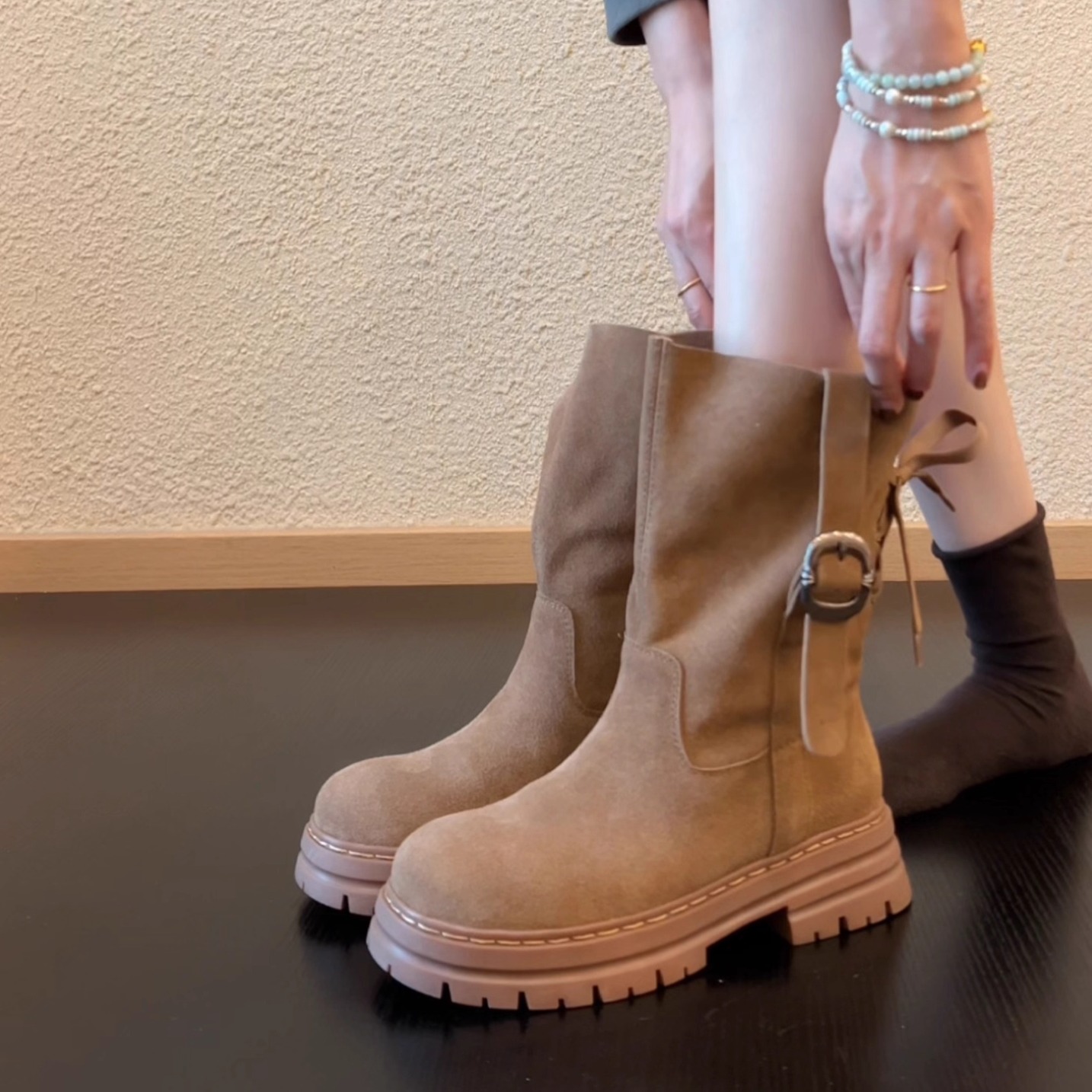 Pokoy-4cm皮带扣中筒靴复古不过膝女秋冬废土风