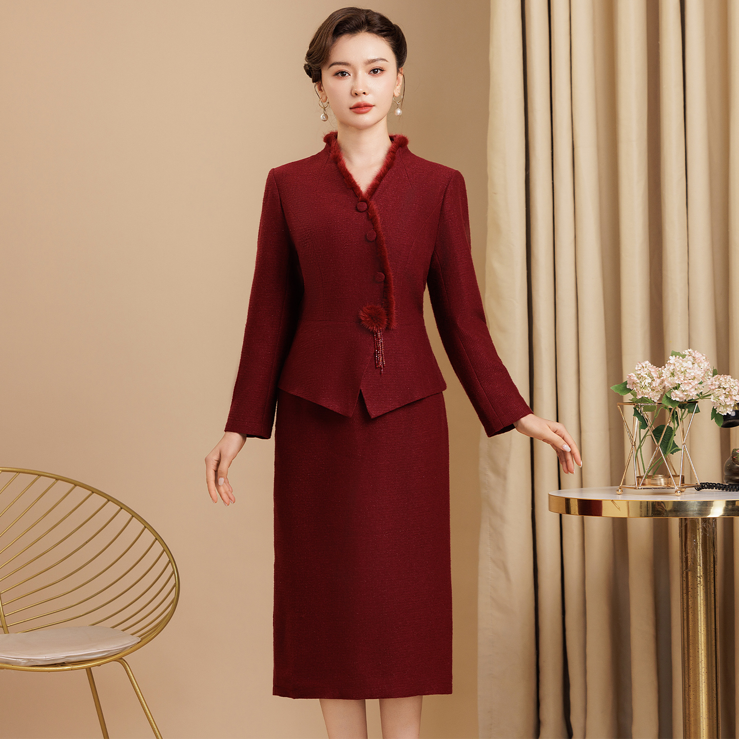 12月份喜婆婆服装秋冬加厚保暖喜妈妈婚宴时装礼服结婚高贵连衣裙