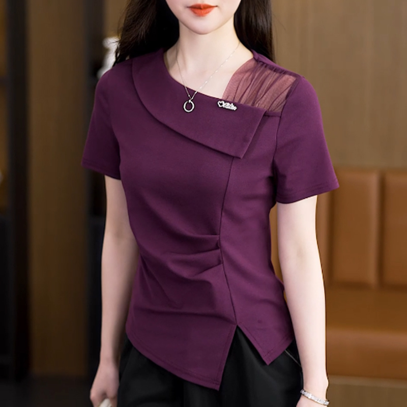 洋气单肩蕾丝短袖T恤女2025夏新款时尚韩版纯色百搭显瘦遮肉上衣